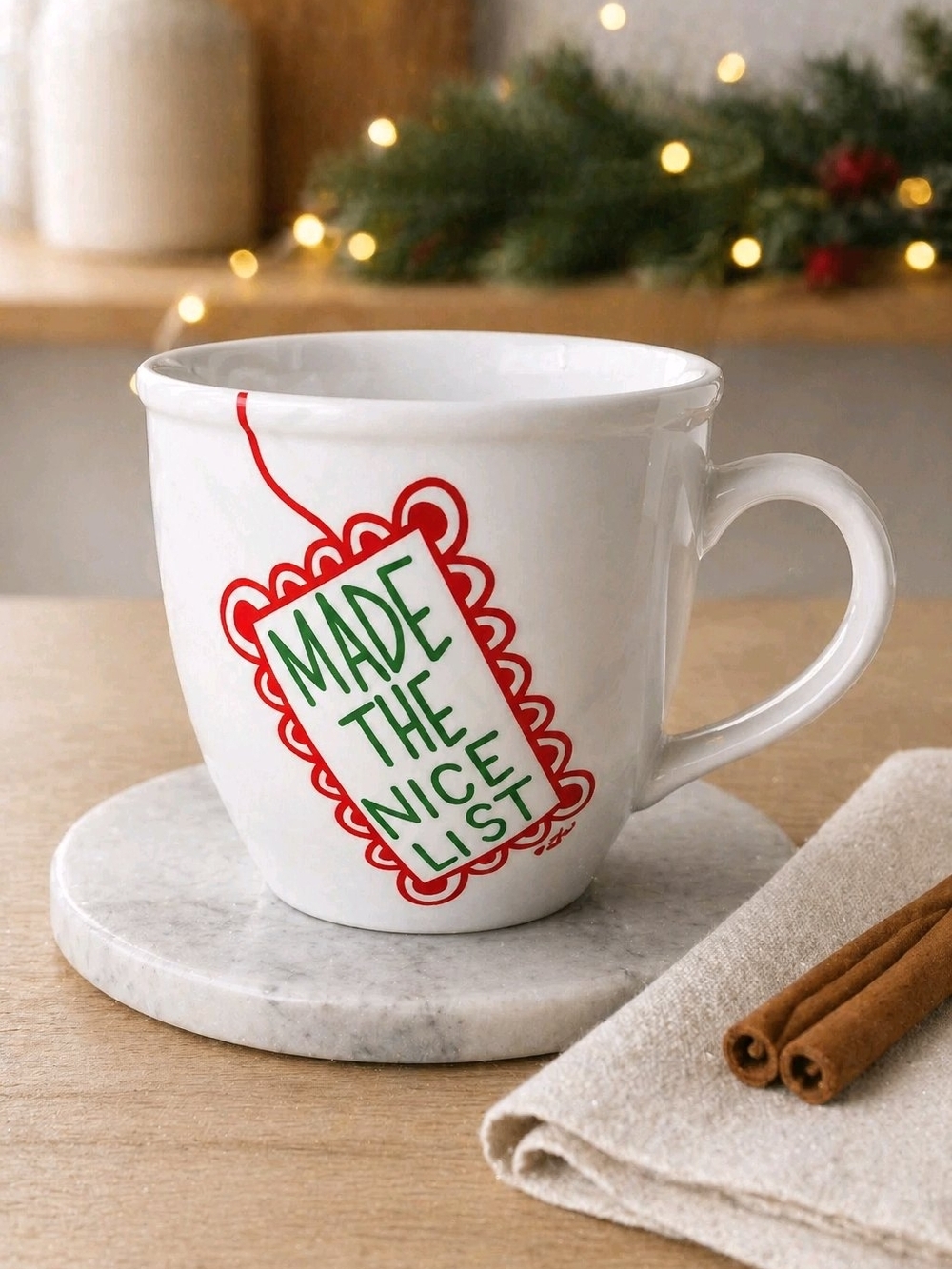 Christmas Sleigh Bell Bistro MADE THE NICE LIST White 15 oz Coffee Mug Tea Cup